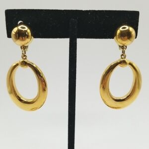 Monet Signed Vintage Clip-on Earrings Gold Tone Dangle Drop Hoops